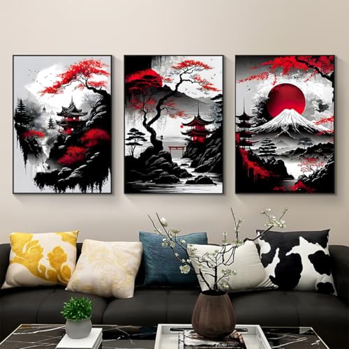 IUNTWEIE Japanische Landschaftsposter,Japanischer Tempel im Herbst Schwarz/Weiß Wandbild Kunstdruck Wanddeko Wand Wohnzimmer Wanddekoration,ohne Rahmen (A,40x60cm*3) von IUNTWEIE