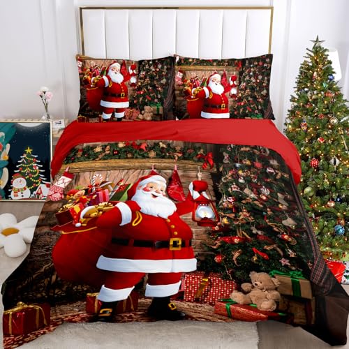 IUNTWEIE Weihnachtsbettwäschee 135x200,Weihnachtsmann und Elch Schneemann Rot Bettbezug,Weihnachtsdekoration,Weiche Bettwäsche Set mit Reißverschluss (E, 135x200cm) von IUNTWEIE