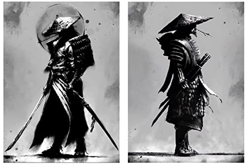 IUNTWEIE Japan Samurai Porträt Bilder Bushido Japanische Krieger Leinwandbilder Wandkunst Schwarzweiss Poster für Wohnzimmer Schlafzimmer Dekor ohne Rahmen (2x40X60cm) von IUNTWEIE