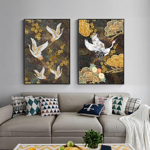 Japanischer Kranich-Druck, Japanischer Leinwand-Wandkunst, Moderne Leinwand Druck Kunst Leinwand für Wohnzimmer Gemälde-Ohne Rahmen (A,70x100cm*2) von IUNTWEIE
