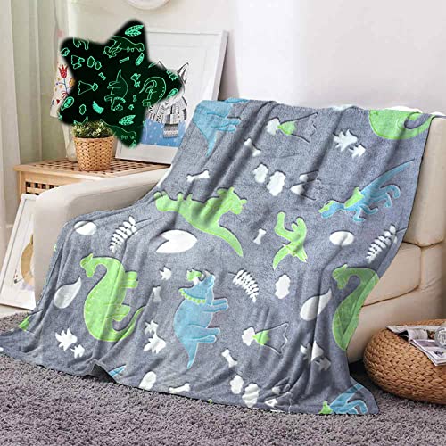 Kuscheldecke Dinosaurier Kinder, Dino Decke Leuchtet im Dunkeln, Weiche warm Flanell Decke Sofa, Flauschige Decke 150 x 200 Winter Weihnachten Geschenk für Kinder (Grau) von IUNTWEIE