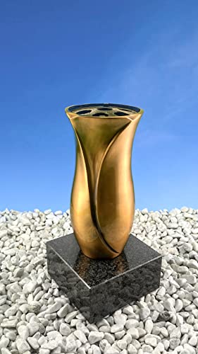Grabstein-Gestaltung Grabvase aus Messing auf Granitsockel (Absolute Black Granitsockel), 15x15x30 cm von Grabstein-Gestaltung
