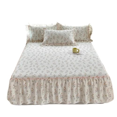 1 x Baumwoll-Bettrock für Queen-Size-Betten mit Blumenmuster und Rüschen, volle Größe, Rock für Einzelbett für Zuhause (D, 200 x 220 x 45 cm, 1 Stück) von IUVYTA