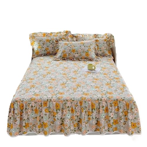 1 x Baumwoll-Bettrock mit Blumenmuster und Rüschen, Rock für Einzelbett für Zuhause (B, 200 x 220 x 45 cm, 1 Stück) von IUVYTA