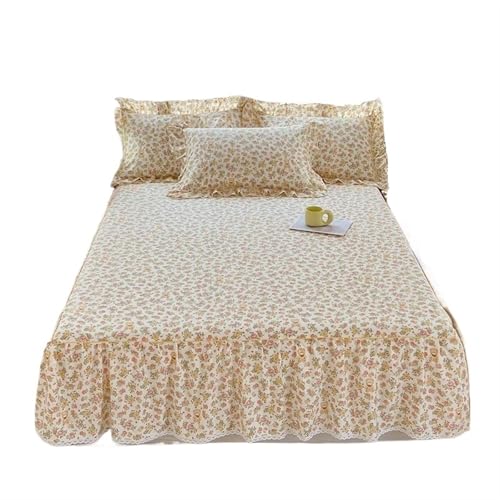 1 x Baumwoll-Bettrock mit Blumenmuster und Rüschen, Rock für Einzelbett für Zuhause (H, 150 x 200 x 45 cm, 1 Stück) von IUVYTA