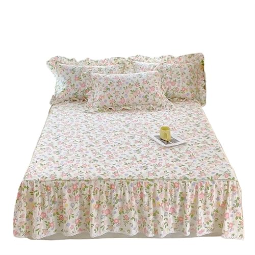 1 x Baumwoll-Bettrock mit Blumenmuster und Rüschen, Rock für Einzelbett für Zuhause (I, 150 x 200 x 45 cm, 1 Stück) von IUVYTA