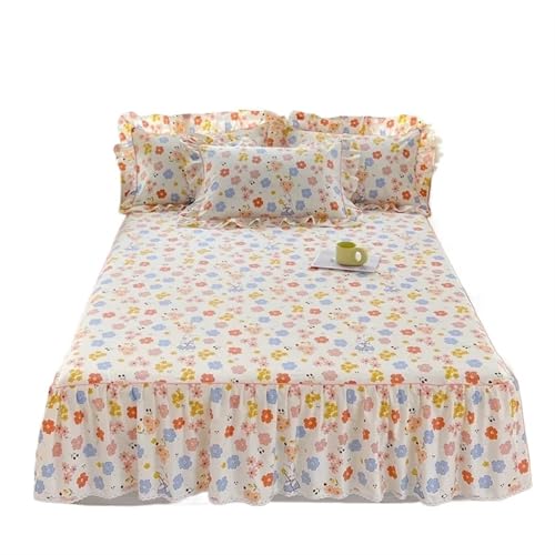 1 x Bettrock aus Baumwolle, Queen-Size/King-Size-Bett, mit Blumenmuster bedruckt, mit Rüschen, volle Größe, Rock für Einzelbett für Zuhause (F,180 x 200 x 45 cm, 1 Stück) von IUVYTA