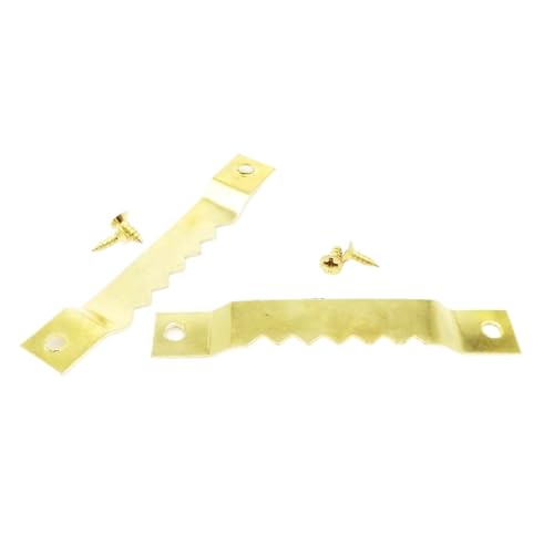 25 Stück goldene, silberne, schwarze Sägezahn-Bilderrahmen-Aufhänger for Aufhängen von Fotowänden, Ölgemälden, Spiegeln, Sägezahnhaken mit Schrauben für Bilder(D golden 10x67mm) von IUVYTA