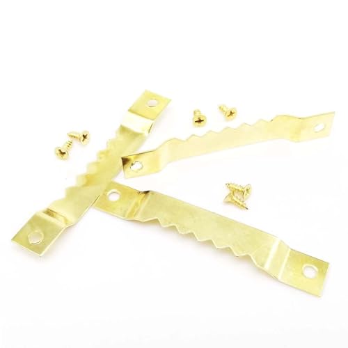 25 Stück kleine, robuste Sägezahn-Bilderrahmen-Aufhänger for Aufhängen von Fotowänden, Ölgemälden, Spiegeln, Sägezahnhaken mit Schrauben, 3 Farben für Bilder(D golden 10x67mm) von IUVYTA