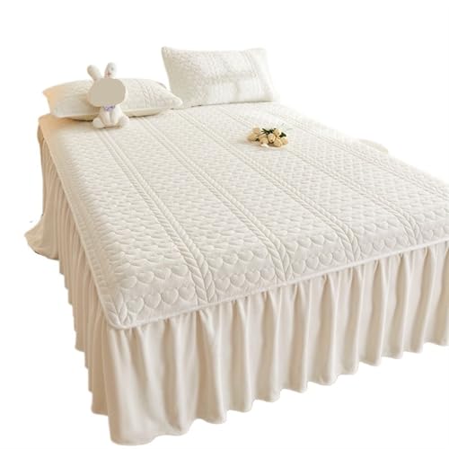 Herbst und Winter verdickte Milchfaser gesteppter Bettrock dreiteilige Tagesdecke staubdichter Korallen-Fleece-Matratzenbezug für Zuhause (150 cm, 3 Stück) von IUVYTA