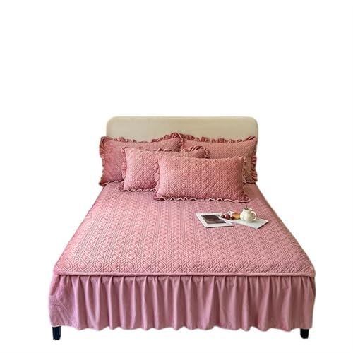 Winter-Tagesdecke, gesteppt, dick, Samt, Rüschen, weicher Bettrock, Paar, Doppelmatratzenauflage für Zuhause (Dunkelrosa, nur Kissenbezug) von IUVYTA