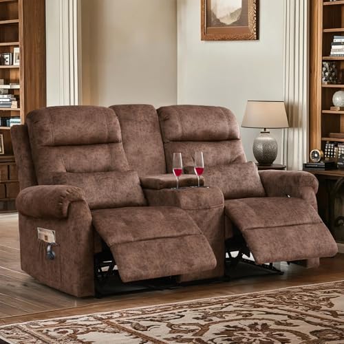 IUXPAM 2 Sitzer Relaxsessel Sofa, Doppel-Relaxsofa mit 2 Kissen und 2 Getränkehaltern, manueller Wand-Relaxsessel mit versteckter Aufbewahrungskonsole, 135° Verstellbarer Heimkino-Sitz (Braun) von IUXPAM