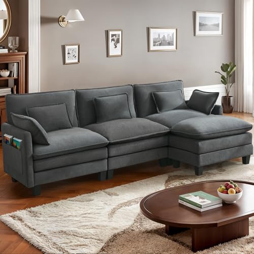 IUXPAM Modulares Ecksofa Sofa, L-förmige Couch fürs Wohnzimmer, extra Tiefe, Bequeme Chenille-Wolkensofas mit Dekokissen und beweglichem Ottoman (Grau, 3 Sitze mit 1 Ottomane) von IUXPAM