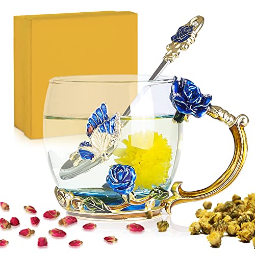 IVEOPPE Glas Teetasse 320ml, Becher Kaffeetassen mit Stahllöffel und Personalisierte Geschenke Box, Blumen 3D Rose Teetasse, Geschenke für Frauen Weihnachten Mutter Tag Valentinstag (Blau) von IVEOPPE