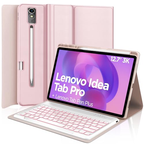 IVEOPPE Hülle mit Tastatur für Lenovo Idea Tab Pro 12,7" 2025, 7 Farbige Beleuchtung, Bluetooth Abnehmbare Magnetisch QWERTZ Tastatur für Lenovo Idea Tab Pro 12.7 Zoll 2025 (TB-373FU/TB-375FC), Rosa von IVEOPPE