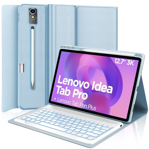 IVEOPPE Hülle mit Tastatur für Lenovo Idea Tab Pro 12,7" 2025, 7 Farbige Beleuchtung, Bluetooth Abnehmbare Magnetisch QWERTZ Tastatur für Lenovo Idea Tab Pro 12.7 Zoll 2025 (TB-373FU/TB-375FC), Blau von IVEOPPE