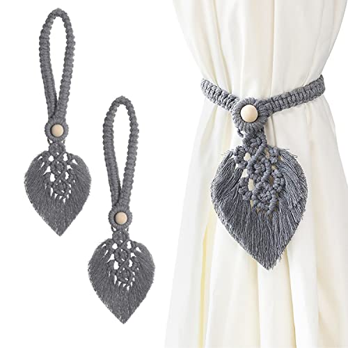 IVEOPPE 2 Stück Vorhang Raffhalter Boho Deko - Raffhalter Boho Vorhanghalter, Baumwolle Makramee Gardinenhalter Tiebacks Vorhang Clips Feder Gardinenklammern für Vorhänge Gardinen Deko (Grau) von IVEOPPE