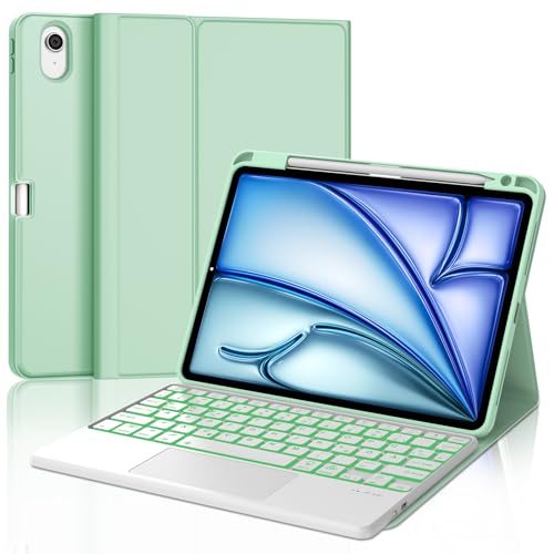 Tastatur für iPad Air 11 2025 M3/2024 M2 con Touchpad, Schutzhülle mit Stifthalter, Hülle mit Bluetooth Magnetisch QWERTZ Beleuchtung Tastatur für iPad Air 7./6. Generation 11 Zoll M3/M2, Grün von IVEOPPE