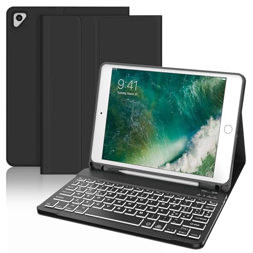 IVEOPPE Tastatur hülle Kompatibel mit iPad 6. Generation 2018, iPad 5. Generation 2017, iPad Pro 9.7 Zoll, iPad Air 2/Air 1, QWERTZ Abnehmbarer Beleuchtete Tastatur hülle mit Stifthalter, Schwarz von IVEOPPE