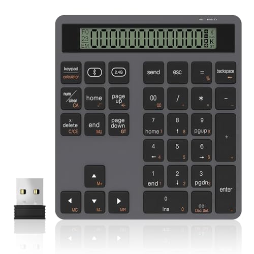 IVEOPPE Nummernblock Bluetooth Numpad Ziffernblock Tastatur - Nummernblöcke mit Taschenrechner, Bluetooth 5.0 und 2.4G, 34 Leise Tasten, für Windows Mac iOS Android Laptop PC iPhone iPad(Dunkelgrau) von IVEOPPE