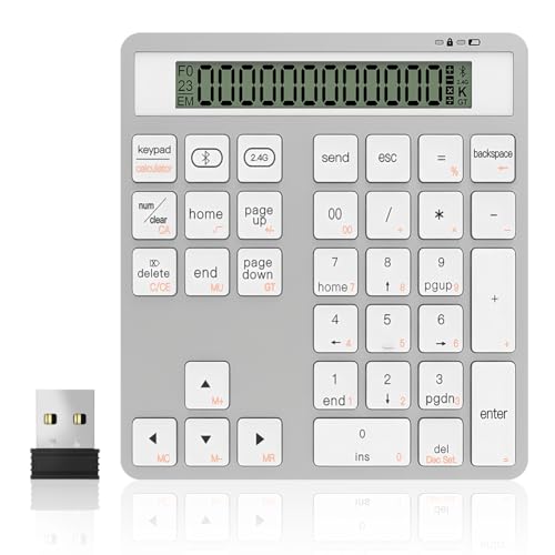 IVEOPPE Nummernblock Bluetooth Numpad Ziffernblock Tastatur - Nummernblöcke mit Taschenrechner, Bluetooth 5.0 und 2.4G, 34 Leise Tasten, für Windows Mac iOS Android Laptop PC iPhone iPad(Silber) von IVEOPPE
