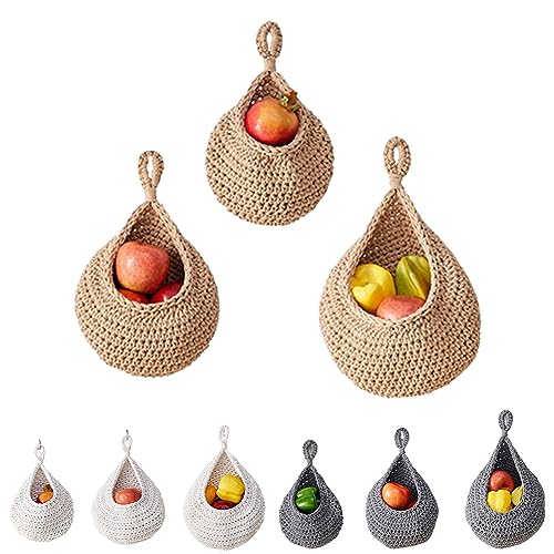 Obstkorb Hängend Wandkorb, 3 Stück Wandaufkleber Obstkorb Wand Hängekorb Obst Fruit Basket Hängekorb Küche handgewebt Baumwollseil Gemüsekorb Pflanzkorb Dekorativer Hängekörbchen für Küche, Khaki von IVEOPPE