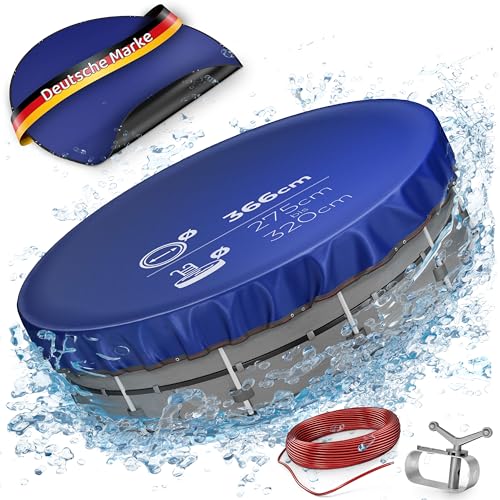 Poolabdeckung 200g /m3 - UV-behandelte 2-in-1 Poolplane, beidseitig verwendbare Abdeckplane rund (Schwarz/Blau), inkl. 3mm Stahlseil & Seilspanner, verstärkte Kanten (Ø 366 cm) von IVEUM