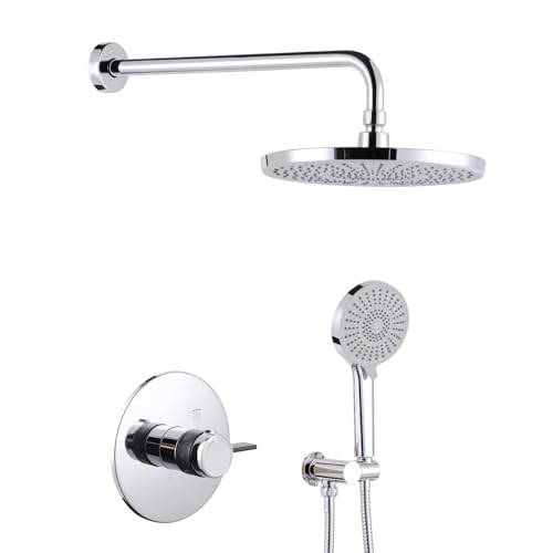 Duscharmatur Unterputz mit Thermostat Duschsystem Unterputz 25cm Rund Regendusche Duschkopf Hochdruck-Handbrause,Regendusche Wandmontage für das Badezimmer,Messingkörper, Chrom von IVIGA