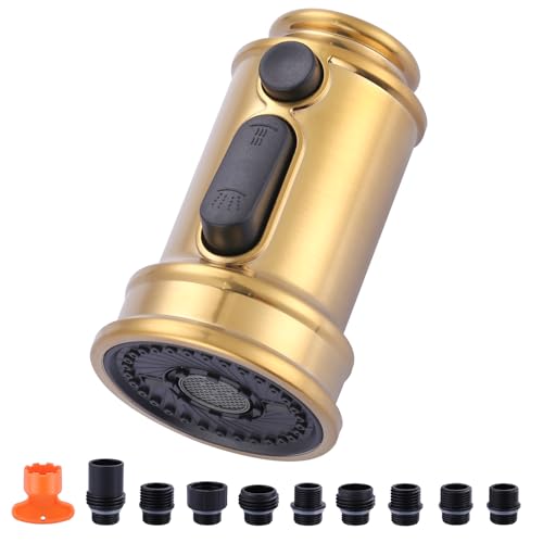 Küchenarmatur-Sprühkopf-Ersatz: 3 Funktionen Pull Down Sprühkopf für Küchenarmatur mit 9 Adaptern - Gold Ausziehbarer Wasserhahn Sprühdüse Kompatibel mit American Standard von IVIGA