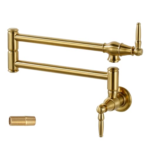 Topffüller Wasserhahn aus gebürstetem Gold: massives Messing, Wandhalterung, robuster Herd-Topffüller mit Doppelgelenk-Schwenkarmen – Einzelloch, kommerzieller faltbarer, dehnbarer Wasserhahn, 2 von IVIGA