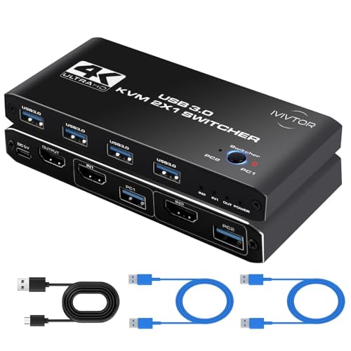 IVIVTOR KVM Switch HDMI 4K - laptop switch 2 HDMI 4 USB Ports USB 3.0 hdmi KVM Switch 2 PC 1 Monitor - 2 Computer teilen Tastatur Maus Drucker U-Disk und einen HD Monitor von IVIVTOR