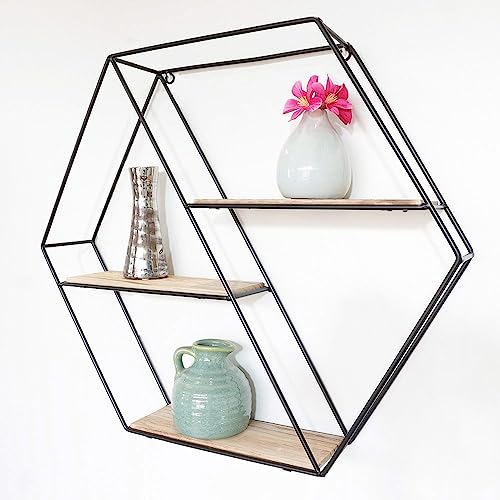 IVOL Designer Wandregal - Sechseckig - Diagonal - Modern und schwarz mit 3 Holzböden von IVOL