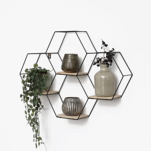 IVOL Wabenförmiges Wandregal aus Metall 4 Holzböden - 40,5 x 58 cm - Schwarz - Hängend Wandregal für Wohnzimmer - Wohnzimmer Regal Wanddeko Hexagon von IVOL