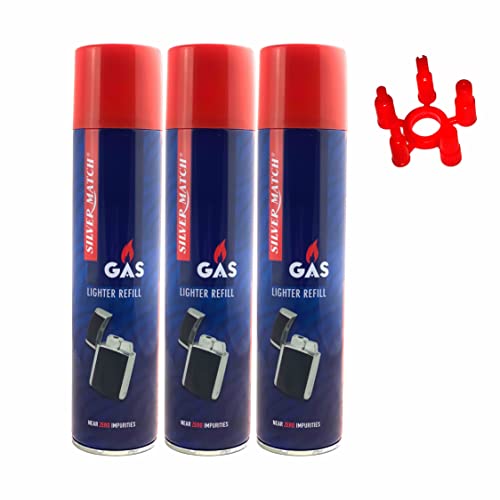 Silver Match 3 x 300 ml Feuerzeuggas Universalgas Nachfüllflasche Nachfüllgas Butangas Nachfüller für Feuerzeug Küchenbrenner und Flambierbrenner + IG Adapter von IVORYS-GARDEN