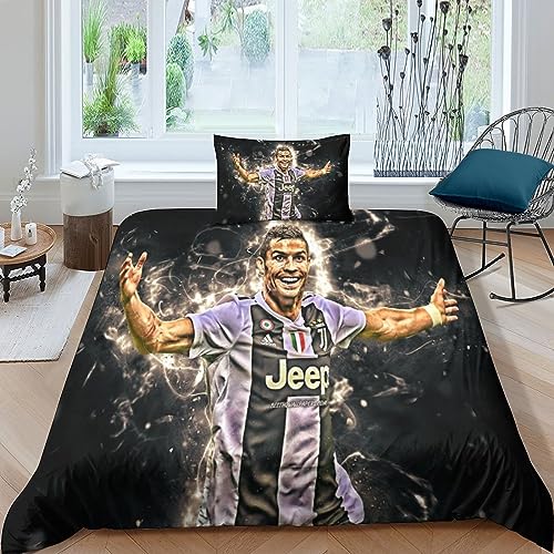 3D Druck Cristiano Ronaldo Bettbezug,Mikrofaser Bettwäsche Set,3-teiliger Bettbezug Mit Reißverschluss Und Kissenbezüge,Football Player Quilt Cover Für Erwachsene Und Jugendliche Single（135x200cm） von IVYARD