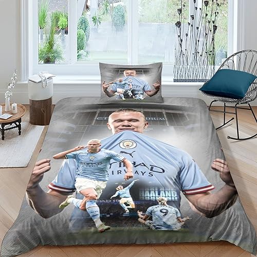 Erling Haaland Bettbezug 3D Druck Mit 2 Kissenbezug Bettwäsche Set,Mit Reißverschluss, Weich,Football Star Quilt Cover Atmungsaktive Mikrofaser,3-teiliges Set Für Männer Frauen Single（135x200cm） von IVYARD