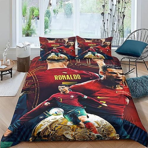 IVYARD 3D Cristiano Ronaldo Bettwäsche Set Mit Bettbezug Und Kissenbezüge,Mikrofaser Soft Football Player Quilt Cover Mit Reißverschluss Für Kinder Teenager Erwachsene Double（200x200cm） von IVYARD