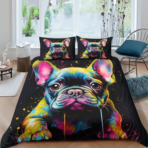 IVYARD Französische Bulldogge 3D Gedruckt Bettwaren 3 Teilig Bettbezug Mit Kissenbezug Soft Microfaser Luxus Modern Mit Reißverschluss Für Erwachsene Und Kinder Double（200x200cm） von IVYARD