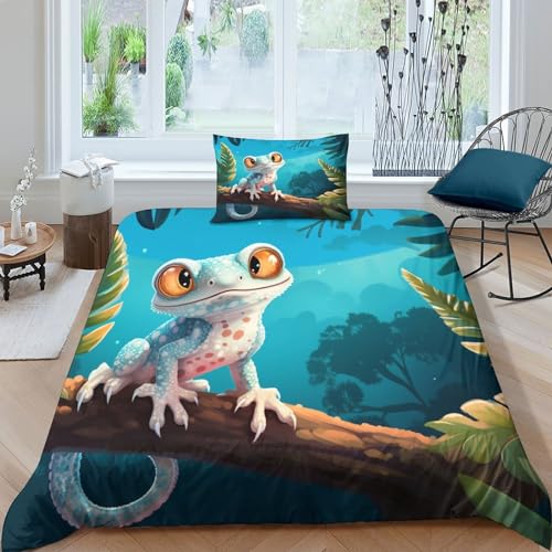 IVYARD Gecko 3D Gedruckt Blätter Aesthetic 3 Teilig Bettbezug Set Mit Kissenbezügen Soft Microfaser Luxus Modern Mit Reißverschluss Für Erwachsene Und Kinder Single（135x200cm） von IVYARD