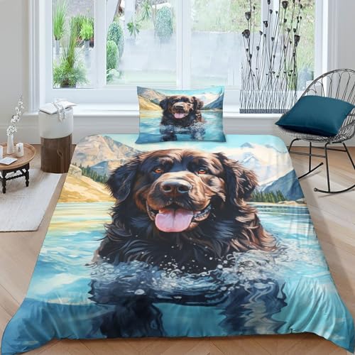 IVYARD Neufundländer-Hunde 3D Gedruckt Bettwäsche Sets 3 Teilig Bettbezug-Sets Mit Kissenbezug Soft Microfaser Luxus Modern Mit Reißverschluss Für Erwachsene Und Kinder Single（135x200cm） von IVYARD