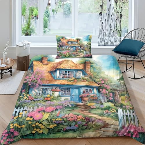 IVYARD Rustikales Häuschen 3D Gedruckt Bettwäsche Sets 2 Teilig Bettbezug-Sets Mit Kissenbezug Soft Microfaser Luxus Modern Mit Reißverschluss Für Erwachsene Und Kinder Single（135x200cm） von IVYARD