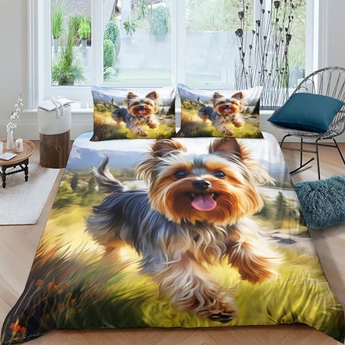 IVYARD Yorkshire Terrier 3D Gedruckt Bettwäsche 3 Teilig Bettbezug Mit Kissenbezug Soft Microfaser Luxus Modern Mit Reißverschluss Für Erwachsene Und Kinder Double（200x200cm） von IVYARD