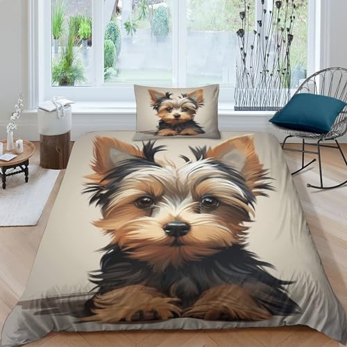 IVYARD Yorkshire Terrier 3D Gedruckt Bettwäsche 3 Teilig Bettbezug Mit Kissenbezug Soft Microfaser Luxus Modern Mit Reißverschluss Für Erwachsene Und Kinder Single（135x200cm） von IVYARD