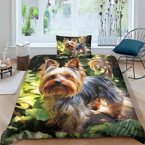IVYARD Yorkshire Terrier 3D Gedruckt Bettwäsche 3 Teilig Bettbezug Set Mit Kissenbezügen Soft Microfaser Luxus Modern Mit Reißverschluss Für Erwachsene Und Kinder Single（135x200cm） von IVYARD