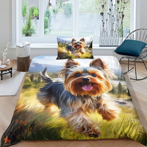 IVYARD Yorkshire Terrier 3D Gedruckt Bettwaren 3 Teilig Bettbezug Set Mit Kissenbezügen Soft Microfaser Luxus Modern Mit Reißverschluss Für Erwachsene Und Kinder Single（135x200cm） von IVYARD