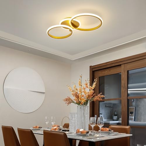 Deckenleuchte Gold Schlafzimmer Lampe Wohnzimmer Leuchte LED Dimmbar mit Fernbedienung 3000-6000K Modern Minimalistisch Rund Deckenlampe für Esszimmer Wohnung Lobby Weiß Schirm (2 Ring 3 Flammig) von IWANTDO