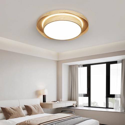 Deckenleuchte LED 50cm Schlafzimmer Lampe Wohnzimmer Leuchte Dimmbar mit Fernbedienung 3000-6000K Modern Minimalistisch Rund Deckenlampe für Esszimmer Wohnung Lobby mit Weiß Schirm (Holzfarbe) von IWANTDO