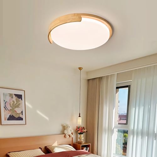 Holz Deckenleuchte 50cm LED Schlafzimmer Lampe Wohnzimmer Leuchte Dimmbar mit Fernbedienung 3000-6000K Modern Minimalistisch Rund Deckenlampe für Esszimmer Wohnung Lobby Weiß PVC Schirm (Holzfarbe) von IWANTDO