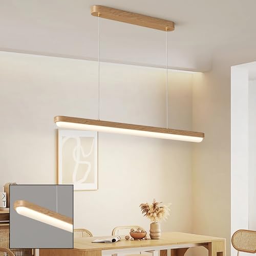 Holz Pendelleuchte LED Dimmbar Kochinsel Lineare Hängend Esszimmer Lampe Kronleuchter mit Fernbedienung Hängeleuchte für Esstisch Küche Büro Bar Shop Leuchte Modern Hängelampe Höhenverstellbar (120cm) von IWANTDO