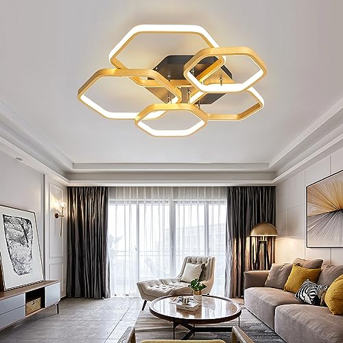 IWANTDO Schlafzimmer Deckenleuchte LED Deckenlampe Dimmbar mit Fernbedienung Modern Sechseck Ring Design für Wohnzimmer Esszimmer Küche Lampe BD392 Wohnzimmerlampe (Gold, L54cm*W54cm*H9.5cm-80W) von IWANTDO
